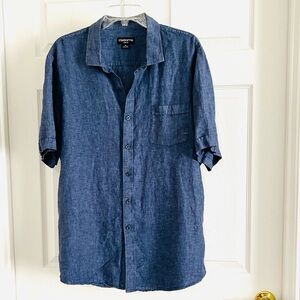 Claiborne Sz XL Slim Fit Shirt  Blue Denim 100% Linen
Men’s Short Sleeve